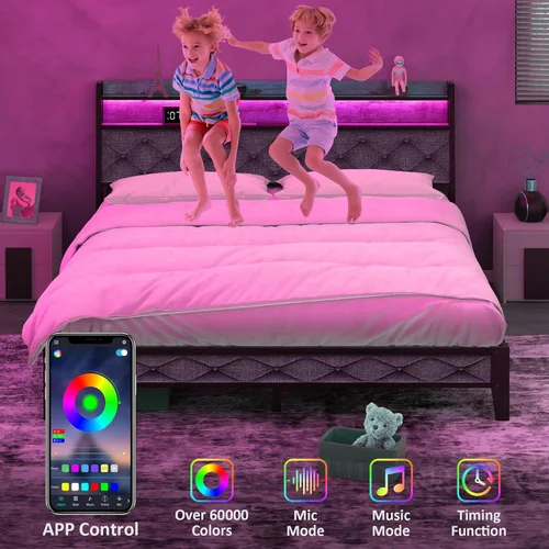 Vista 3 de Winkalon Base de cama matrimonial con cabecera ergonómica, base de cama de plataforma con luces RGB, tomas de corriente y cargador, cama de montaje