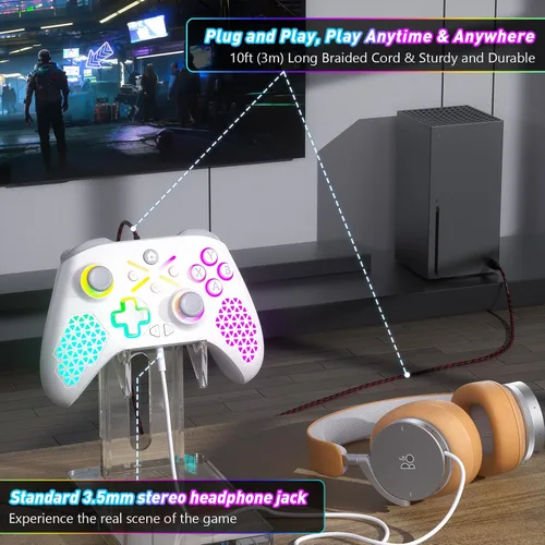 Vista 7 de LED Lighting 10ft Wired PC Controller for Xbox One, Xbox Series XS, Xbox One XS, PC Windows Wired Gamepad Support 3.5mm Headset Jack, RGB LED Light