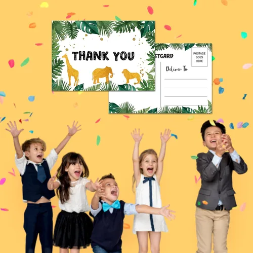 Vista 4 de Tarjetas postales de agradecimiento de cumpleaños, tarjetas de agradecimiento de animales de la selva verde para niños y niñas, fiesta