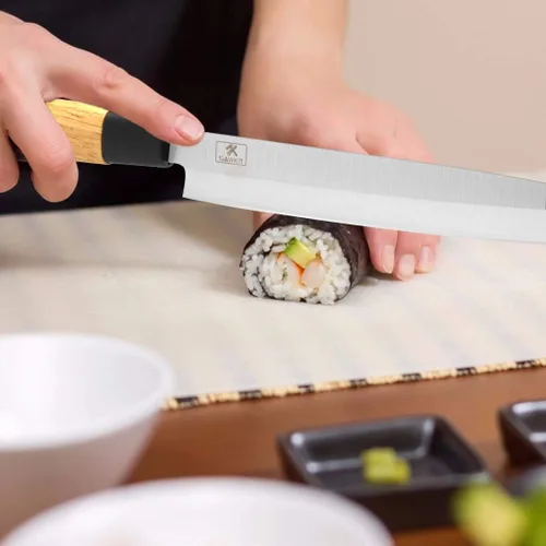 Vista 7 de Cuchillo sashimi de 8 pulgadas, cuchillo de sushi de un solo bisel para uso diestro Japanese Stainless Steel Yanagiba for Fish, Sushi, Boneless