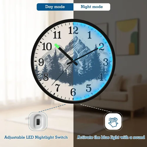Vista 4 de JUNZAN Luminous Voice-Activated Round Wall Clock 12 Inch Mountain Vintage Design Non-Ticking Silent Battery Operated Wallclocks for Kitchen Bedroom