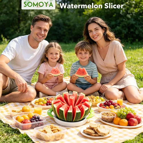Vista 5 de SOMOYA - Cortador de sandía de acero inoxidable extra grande para cocina casera Silicone Handle,Cuts Watermelon,Cantaloupe, Pineapple Dishwasher