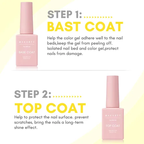 Vista 2 de Kit de capa base y capa superior de gel Makartt: Esmalte de uñas transparente, brillante, sin necesidad de limpieza, resistente a manchas, capa