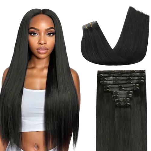 Vista 20 de Lashey Extensiones de cabello humano con clip, sin costuras, #1, color negro azabache, extensiones de cabello humano real, extensiones de cabello