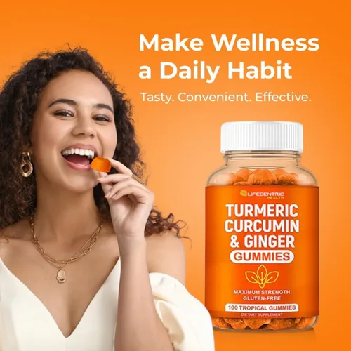 Vista 2 de Gomitas de cúrcuma para adultos y niños Max Strength Anti Inflamatoria Cúrcuma y Gomas de jengibre Suplemento Vegano orgánico Natural Cúrcuma