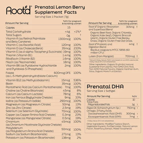 Vista 6 de Root'd DHA prenatal + polvo multivitamínico para apoyo al embarazo, desarrollo fetal, hidratación y refuerzo inmunológico, vegano, sin OMG, sin
