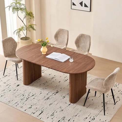 Vista 23 de Juego de 4 mesas de comedor grandes de 63 pulgadas para 4, esquinas redondeadas, mesa de cocina rectangular moderna de madera con sillas Boucle