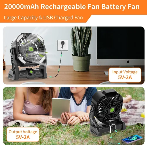 Vista 2 de Ventilador alimentado por batería, ventilador sin frío de 20000 mAh, ventilador recargable portátil, ventilador de campamento de rotación de 270°