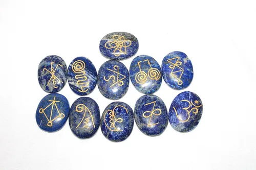 Vista 3 de Lapislázuli K-Aruna Reiki - Piedra preciosa grabada A++ Sets de terapia de cristal curativo con bolsa de palma preocupación pulgar piedra regalo