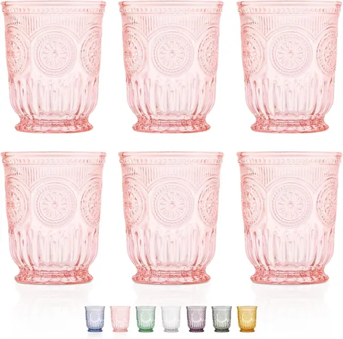 Vista 13 de Juego de vasos de beber ámbar Yungala, conjunto de 6 vasos de vidrio ámbar, vasos pequeños de agua de 8 oz, vasos de hobnail aptos