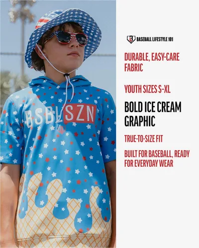 Vista 7 de Baseball Lifestyle 101 BSBL SZN - Sudadera con capucha de manga corta con bolsillo frontal V2, tallas de helado para jóvenes, S a XL