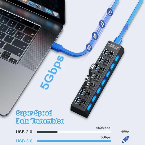 Vista 4 de vienon Hub 3.0, extensor USB de 7 puertos con interruptores LED individuales de encendido/apagado, concentrador USB3.0 para laptop, PC, MacBook, Mac