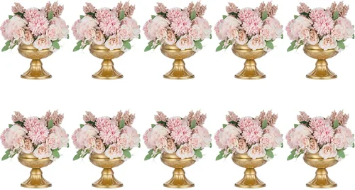 Vista 14 de NUPTIO Jarrones de oro envejecido para centros de mesa: 2 piezas de jarrones pequeños de compota para flores - Decoración de cuenco de pedestal