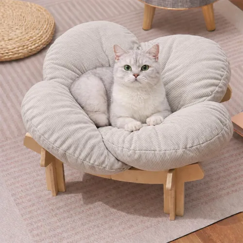 Vista 7 de Cama elevada de madera para gatos con cojín extraíble esponjoso, moderno sofá para gatos en forma de pétalos, sofá para gatos de interior, perros