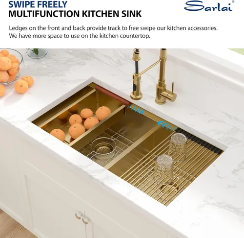 Vista 5 de Sarlai Fregadero de Cocina Dorado Bajo Encimera de 33 Pulgadas Doble Tazón 33 x 19 Pulgadas Bajo Dividido Dorado Estación de Trabajo Fregadero Doble