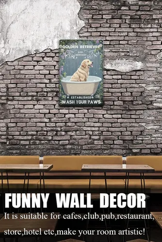 Vista 3 de Zomyto Letrero de lata con texto en inglés "Wash Your Paws Golden Retriever", decoración de baño, perro, bañera, bañera, estilo retro, decoración