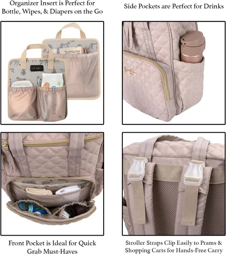 Vista 2 de Jessica Simpson Mochila acolchada para pañales con bolsillos aislados, cambiador portátil, correas de cochecito, inserto organizador de 3 piezas