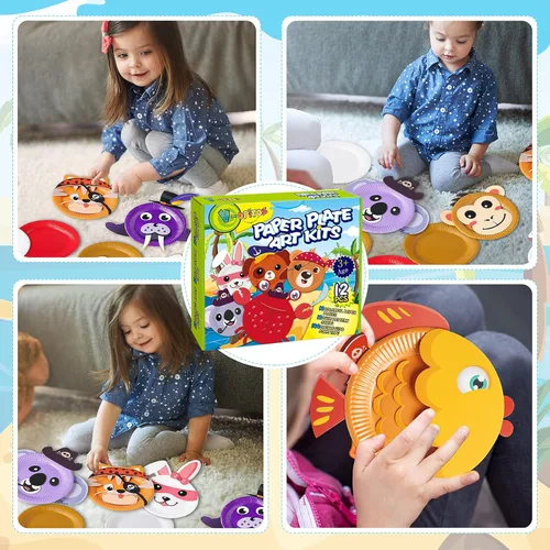 Vista 6 de V-Opitos Kits de artes y manualidades para niños, paquete de 12 manualidades de platos de papel, manualidades simples de animales para niños