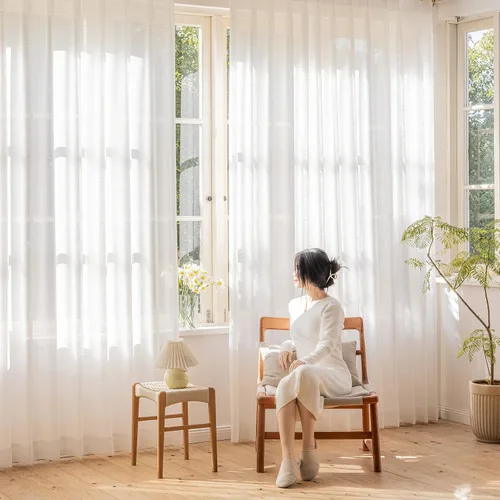 Vista 2 de 2 paneles de cortinas traslúcidas blancas de 54 pulgadas de largo, paneles transparentes de lino con textura para ventana, cortinas plisadas