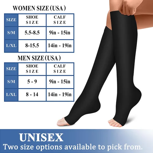 Vista 6 de CHARMKING 3 pares de calcetines de compresión de punta abierta para mujeres y hombres, circulación de 15-20 mmHg es el mejor apoyo para uso durante
