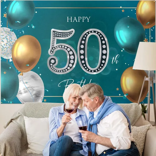 Vista 6 de HAMIGAR Fondo de pancarta de feliz cumpleaños 50 de 6 x 4 pies, decoraciones de cumpleaños de 50 años, suministros de fiesta para mujeres y hombres