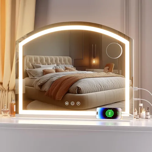 Vista 9 de Hasipu Espejo de tocador con luces, espejo de maquillaje LED arqueado de 11 x 14 pulgadas, espejo de maquillaje iluminado con luces, control táctil
