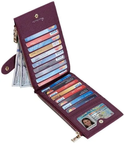 Vista 2 de Travelambo Billetera para mujer con bloqueo RFID plegable para múltiples tarjetas con bolsillo con cremallera, Rojo vino, Minimalista