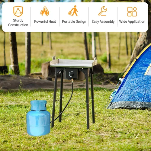 Vista 7 de Giantex Estufa de un solo quemador al aire libre, soporte de quemador de alta presión máx. 100,000 BTU, regulador de 0-20 PSI patas desmontables