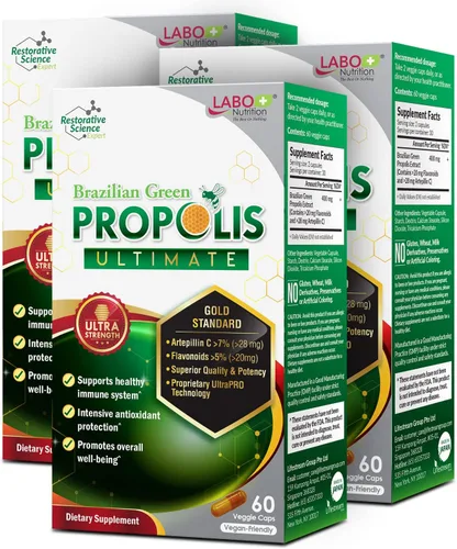 Vista 10 de LABO Nutrition Propóleos verdes brasileños Ultimate – Contiene > 7% o 28 mg por porción de Artepillina C y >5% de flavonoides, para apoyo