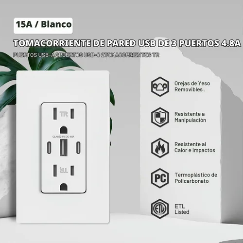 Vista 2 de Micmi Toma de pared USB C, 30 W, 6.0 amperios, 3 puertos USB C, 15 A, receptáculo resistente a manipulaciones con puertos dobles tipo C y A