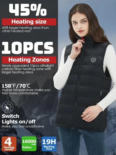 Vista 2 de Ririgans Chaleco térmico para mujer, capucha térmica retráctil con batería de 7.4 V 16000 mAh, 10 zonas de calefacción, 4 niveles de calefacción