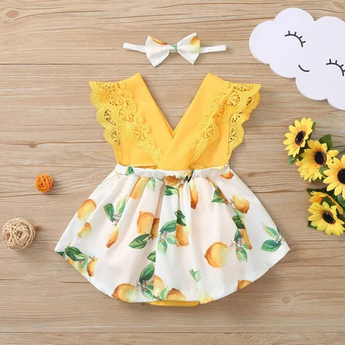 Vista 3 de Mameluco con estampado de manga mosca de encaje para niñas recién nacidas, conjunto de diadema para baile 2t (amarillo, 9-12 meses)