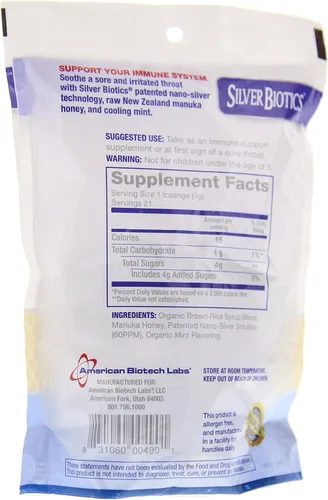 Vista 4 de American Biotech Labs Silver Biotics - Pastillas de plata con 60 ppm SilverSol y miel de Manuka, menta manuka poderosa (21 unidades) (paquete de 2)