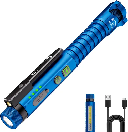Vista 11 de Linterna EDC recargable, linterna pequeña de 800 lúmenes con clip magnético y base, linterna LED de 11 modos, rompedor de vidrio y abridor