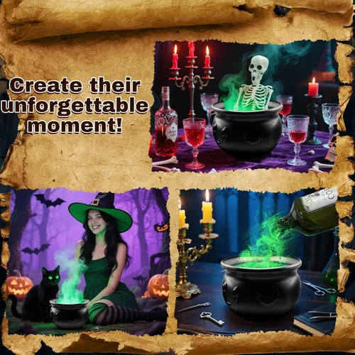 Vista 5 de Decoraciones de Halloween para interiores, caldero con botellas de poción flotantes mágicas y difusor, cuenco de brujas de plástico negro