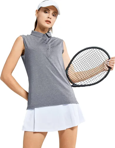 Vista 4 de MIER Polo de golf sin mangas para mujer, con cuello de tenis, secado rápido, UPF 50+