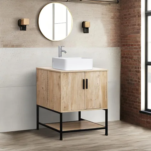 Vista 3 de UEV Mueble de baño de roble rústico de 30 pulgadas con fregadero, marco de hierro industrial con puertas y estante, con moderno combo de fregadero