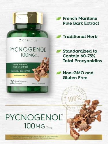 Vista 4 de Carlyle Pycnogenol 100mg 30 Cápsulas Extracto de corteza de pino marítimo francés Pinus Pinaster Suplemento sin OMG y sin gluten