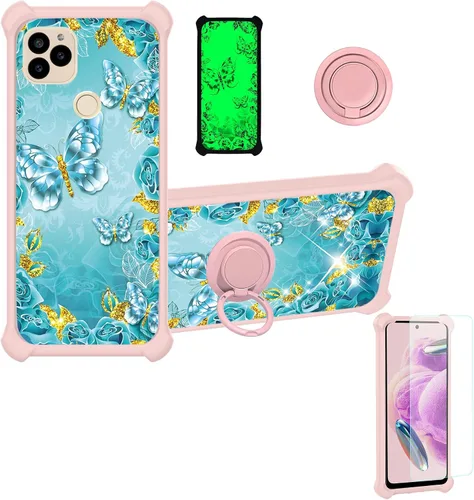 Vista 99 de jioeuinly Funda compatible con Oukitel P1 Pro con protector de pantalla de vidrio templado, policarbonato duro + silicona suave, soporte de anillo