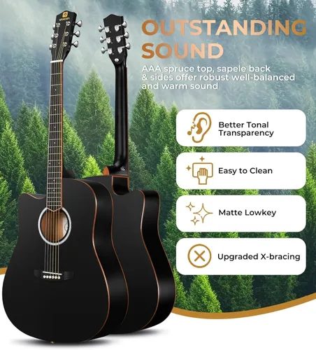 Vista 2 de Vangoa Guitarra para Zurdos, Kit de Guitarra Acústica para Zurdos de Tamaño Completo con Cutaway para Adultos Principiantes de 41 Pulgadas, Juego
