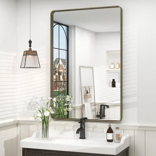 Vista 104 de Paquete de 2 espejos de baño con marco de metal negro de 22 x 30 pulgadas, espejo rectangular redondeado negro mate, antioxidante, se cuelga