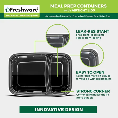 Vista 5 de Freshware Contenedores de preparación de comidas [paquete de 50] 2 compartimentos con tapas, contenedores de almacenamiento de alimentos, caja