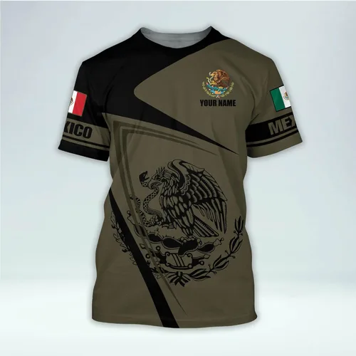 Vista 3 de Camiseta personalizada 3D de México para hombres con nombre, camiseta de manga corta con cuello redondo y bandera mexicana para hombre, camisas