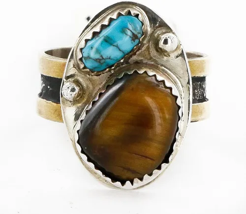 Vista 3 de $500Retail etiqueta 12KT oro Filled Plata Hecho a mano auténtica fabricado por shenan begay Navajo Turquesa y ojo de tigre naturales Nativos