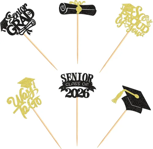 Vista 8 de Ercadio 36 piezas 2026 adornos para cupcakes con purpurina negra y dorada para graduación senior So Proud Of You Senior Class of 2026 Way to Go