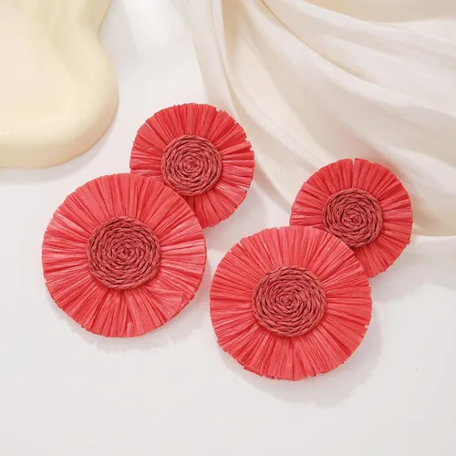 Vista 2 de Pendientes redondos llamativos de rafia con palmera bohemia para mujer