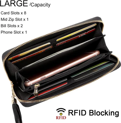 Vista 3 de PIJUSHI Carteras de cuero genuino para mujer, diseño floral, cartera de mano con borla