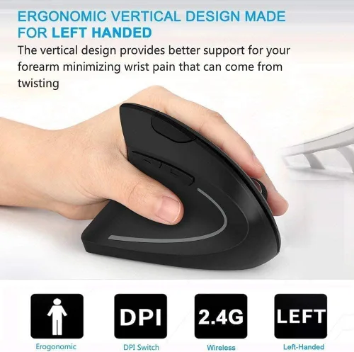 Vista 2 de Ratón vertical inalámbrico ergonómico para zurdos, 2.4G, 3 DPI ajustables (800/1200/1600), especialmente para zurdos