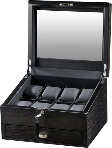 Vista 2 de Volta Caja de reloj marrón rústico para 8 con 2 compartimentos y cajón para joyas, Marrón (Rustic Brown), Rústico