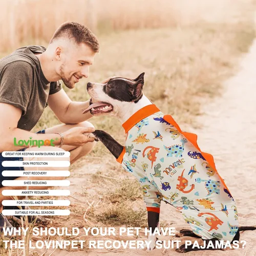 Vista 7 de LovinPet Pijamas para Perros de Raza Grande, Antilamer, Ropa de Recuperación, Tejido Jurásico Ligero, UV para Perros Medianos/Medianos